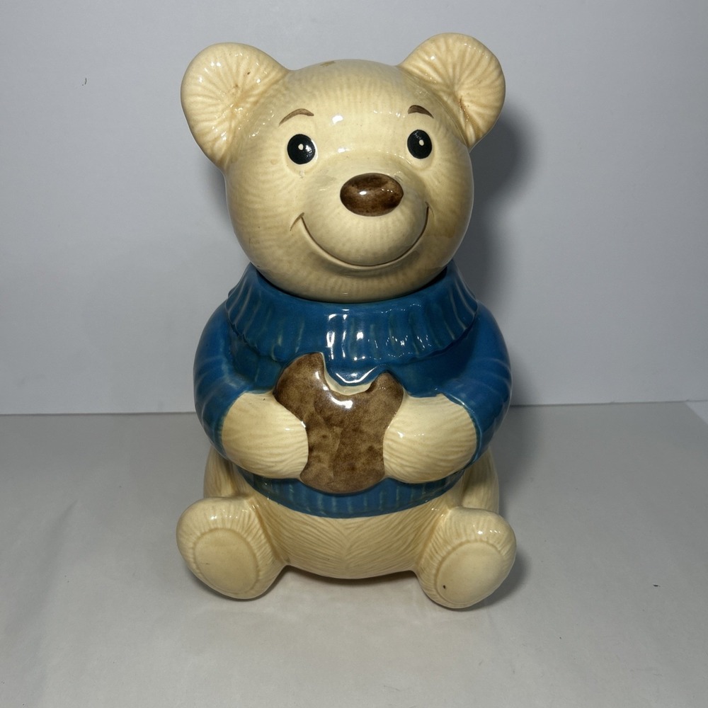 Vintage Metlox Teddy Bear Cookie Jar Blue Sweater Ceramic Vintage Calif USA